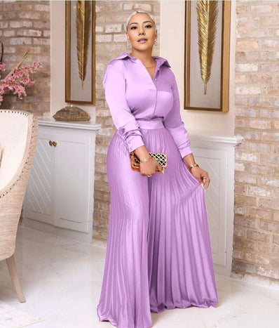 Violet pleated skirt twin set with long-sleeve buttoned top, elastic waist