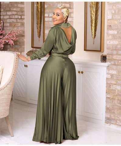 Dark-olive pleated maxi skirt twin set with long-sleeve draped back, elastic waist