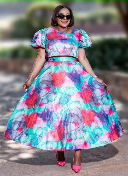 Floral maxi twin set dress with puff sleeves, fitted top, full gathered skirt