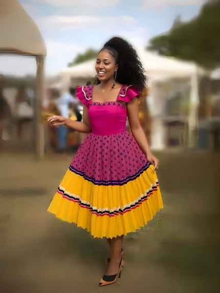 Pink tiered midi dress with ruffled sleeves, patterned bodice, tiered yellow skirt with trim