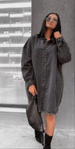 Oversized denim shirt dress with button front, collar, long sleeves, dark wash
