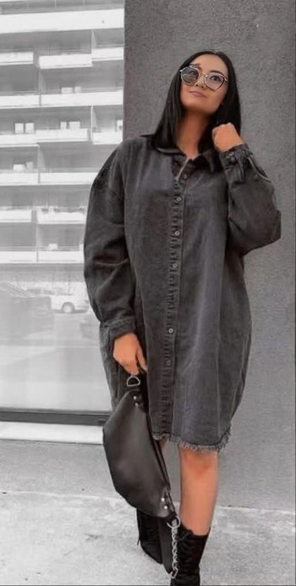 Oversized denim shirt dress with button front, collar, long sleeves, dark wash
