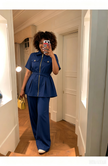 Navy blue belted two piece coordinating women's plus size set - view 1