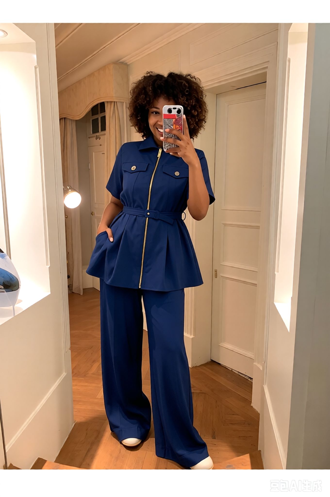 Navy blue belted two piece coordinating women's plus size set - view 2