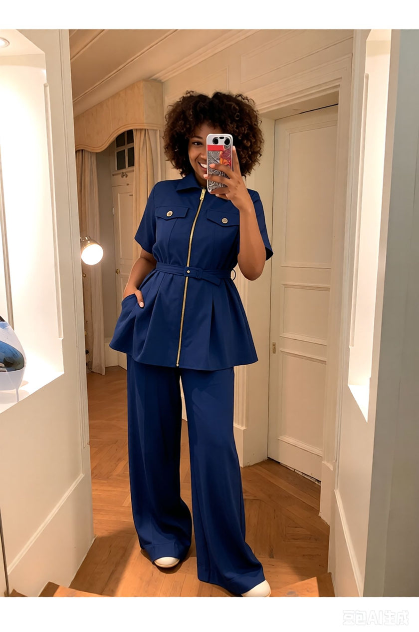 Navy blue belted two piece coordinating women's plus size set - view 2
