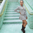 Tweed check cropped jacket with keyhole trim and matching flared mini skirt