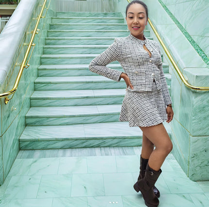 Tweed check cropped jacket with keyhole trim and matching flared mini skirt