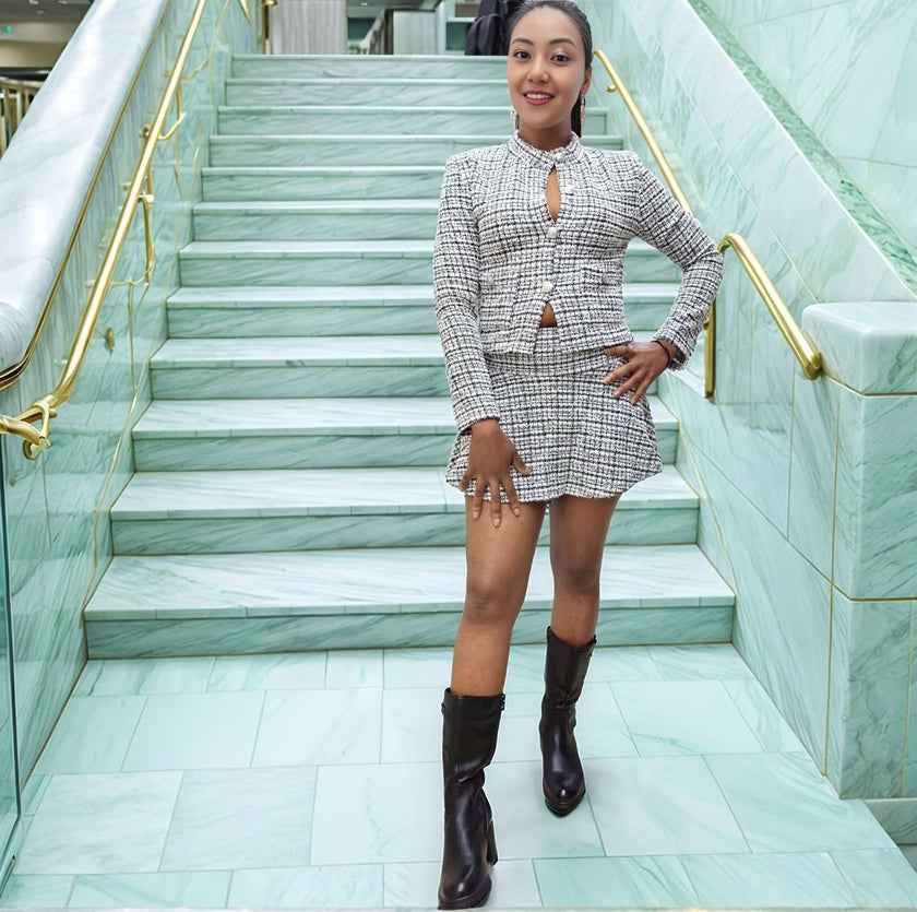 Tweed check jacket and mini skirt set with long sleeves and front button closure