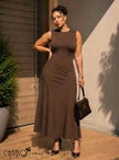 Midi Sleeveless Mermaid Dress Round Neck Slim Flared Hem Office Event Outfit