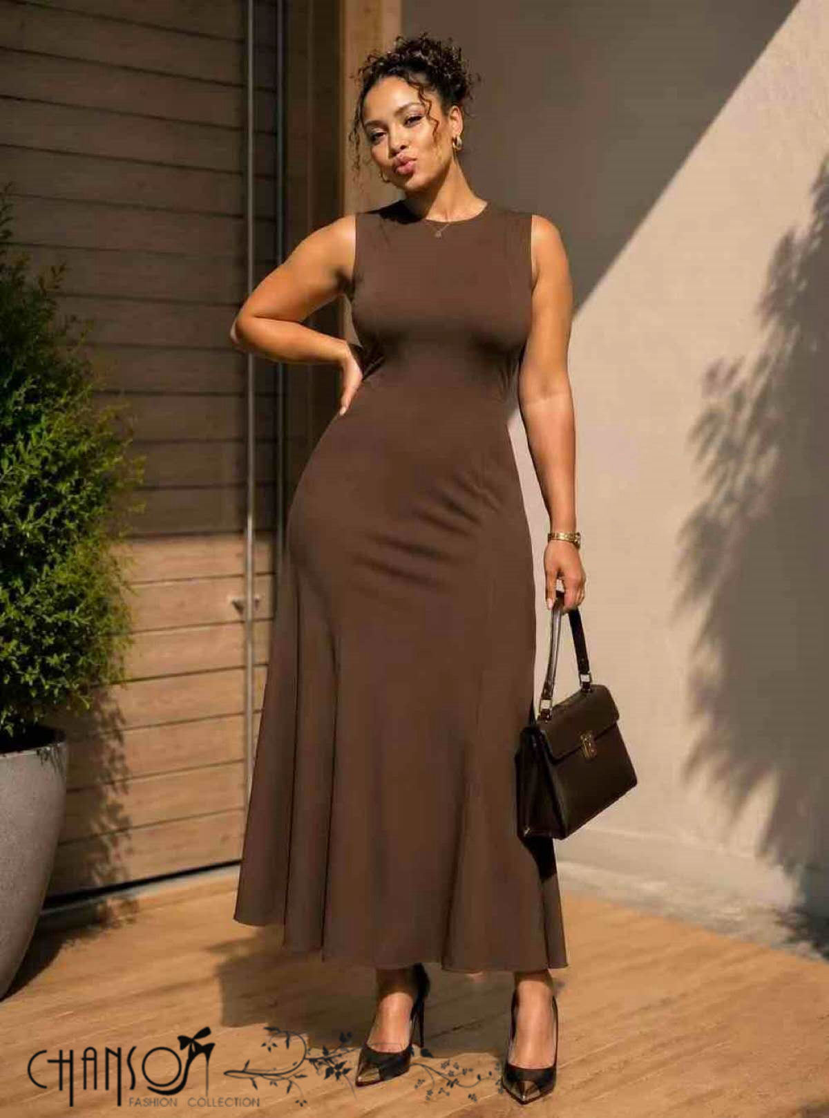 Midi Sleeveless Mermaid Dress Round Neck Slim Flared Hem Office Event Outfit