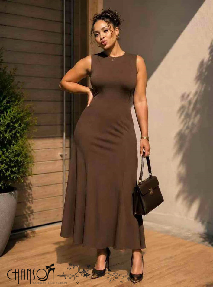 Coffee-brown sleeveless mermaid midi dress with round neck and flared hem