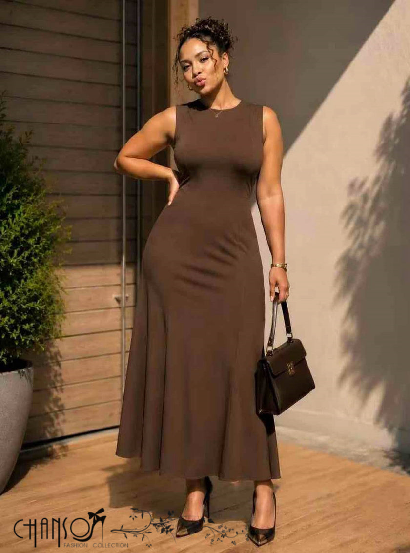 Midi Sleeveless Mermaid Dress Round Neck Slim Flared Hem Office Event Outfit
