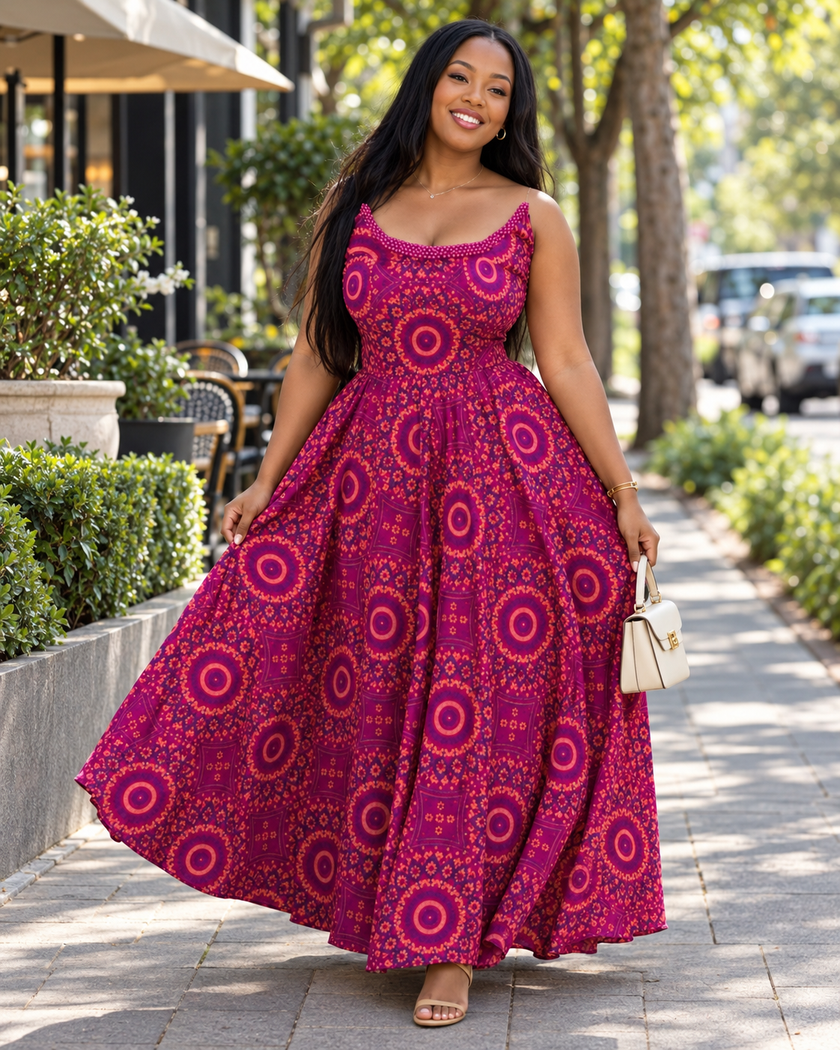 Sleeveless magenta maxi dress with a geometric circular print, square neckline, and flowing skirt