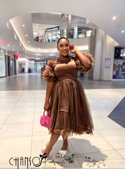 Women’s coffee-brown midi dress with ruffle sleeves, waist tie, and layered tulle skirt