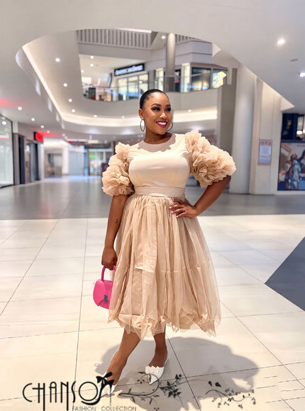 Women’s beige midi dress with voluminous ruffle sleeves, waist tie, and layered tulle skirt