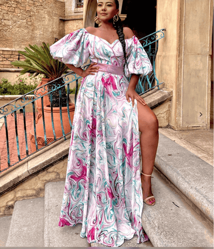 Off-Shoulder Floral Maxi Dress with Puffed Sleeves