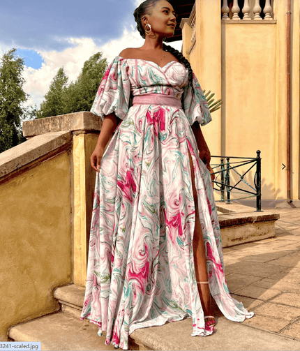 Off-shoulder maxi floral dress with puff sleeves, pastel pink-green, gathered waist