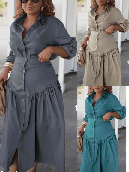 Mid-Length Buttoned Dress with Gathered Waist Design