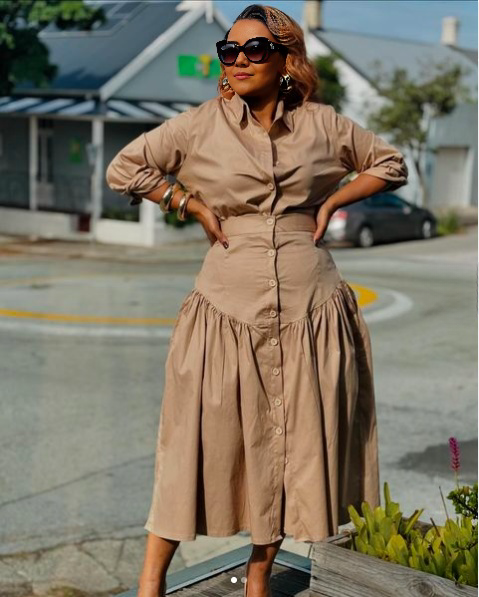 Tan midi dress with button-up front and gathered waist, long sleeve ruffle hem