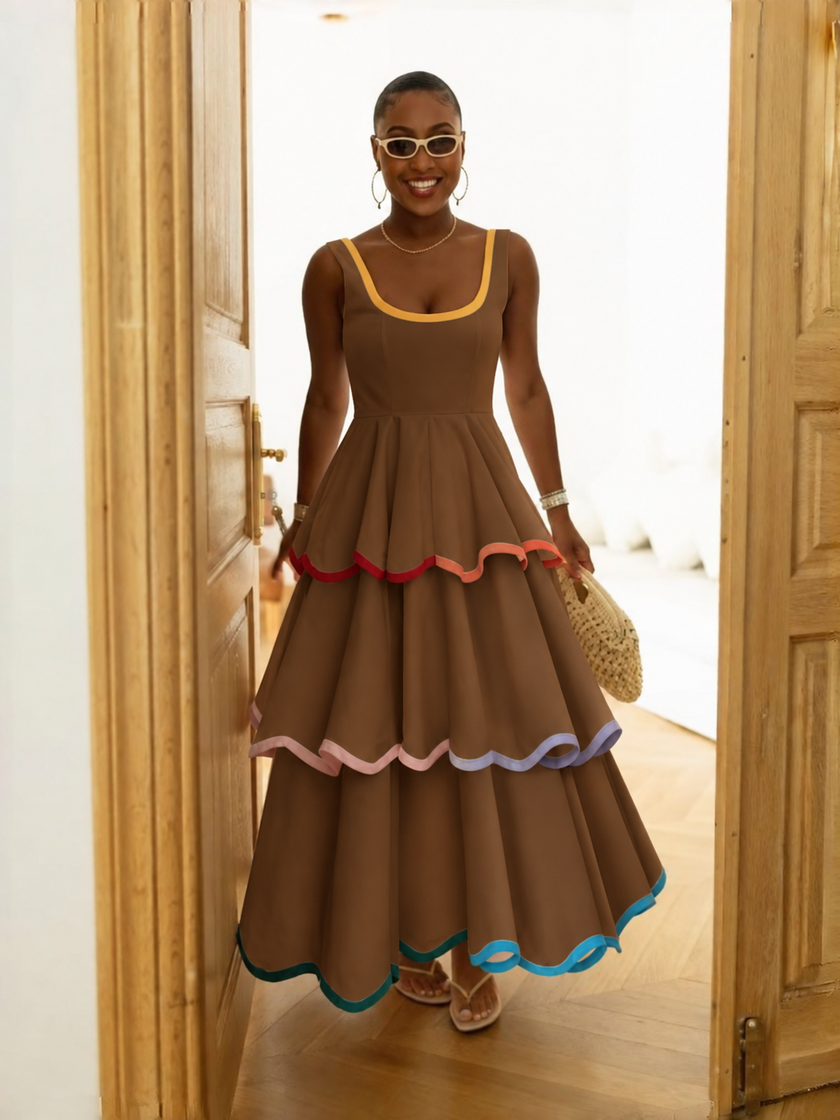 Women's sleeveless tiered maxi dress with multicolor scalloped contrast trim - view 2