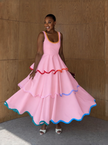 Women's sleeveless tiered maxi dress with multicolor scalloped contrast trim - view 1