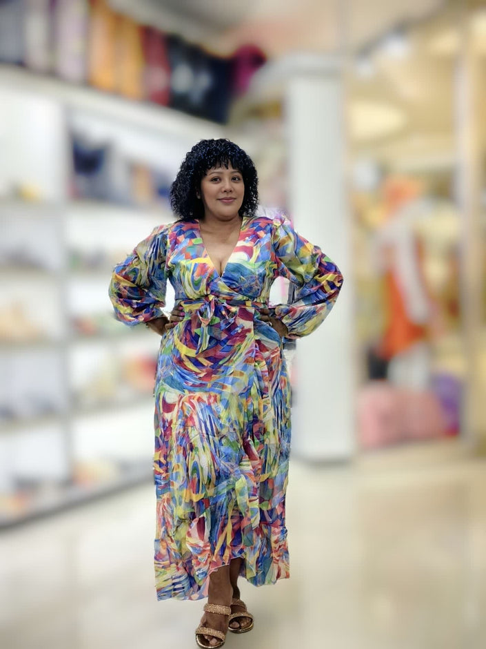 Printed wrap midi dress with puff sleeves and V-neck, multicolor fabric
