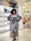 Elegant Full-Sleeve Wrap Dress with Dynamic Pattern Detailing