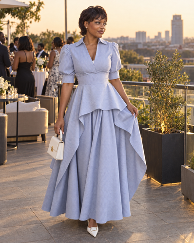 Light blue striped puff-sleeve peplum maxi dress with V-neck and layered skirt