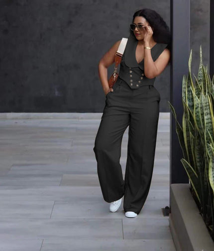 Black sleeveless V-neck button-front wide-leg jumpsuit with tailored bodice.