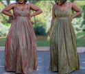 Glitter pleated maxi dress with V-neck, ruched bust, and wide spaghetti straps