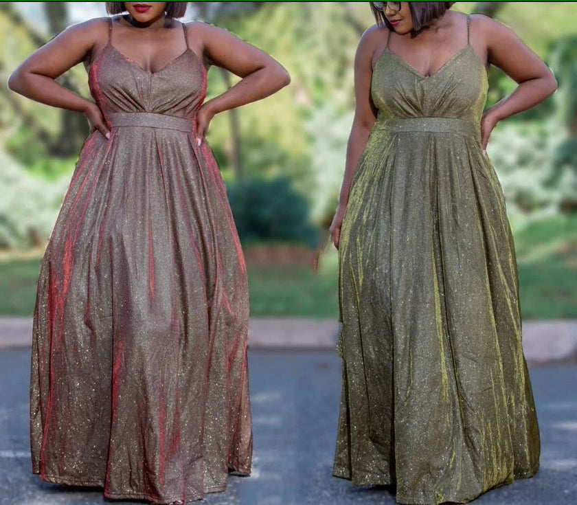 Glitter pleated maxi dress with V-neck, ruched bust, and wide spaghetti straps