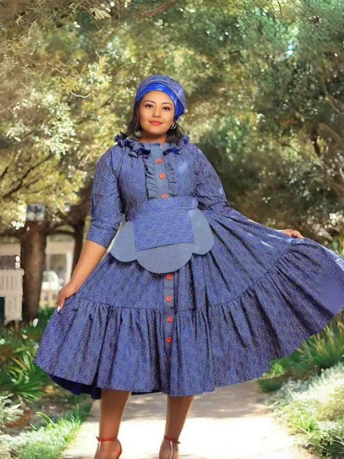 Blue tiered button-front ruffle midi dress with gathered skirt and bow-like puff sleeves