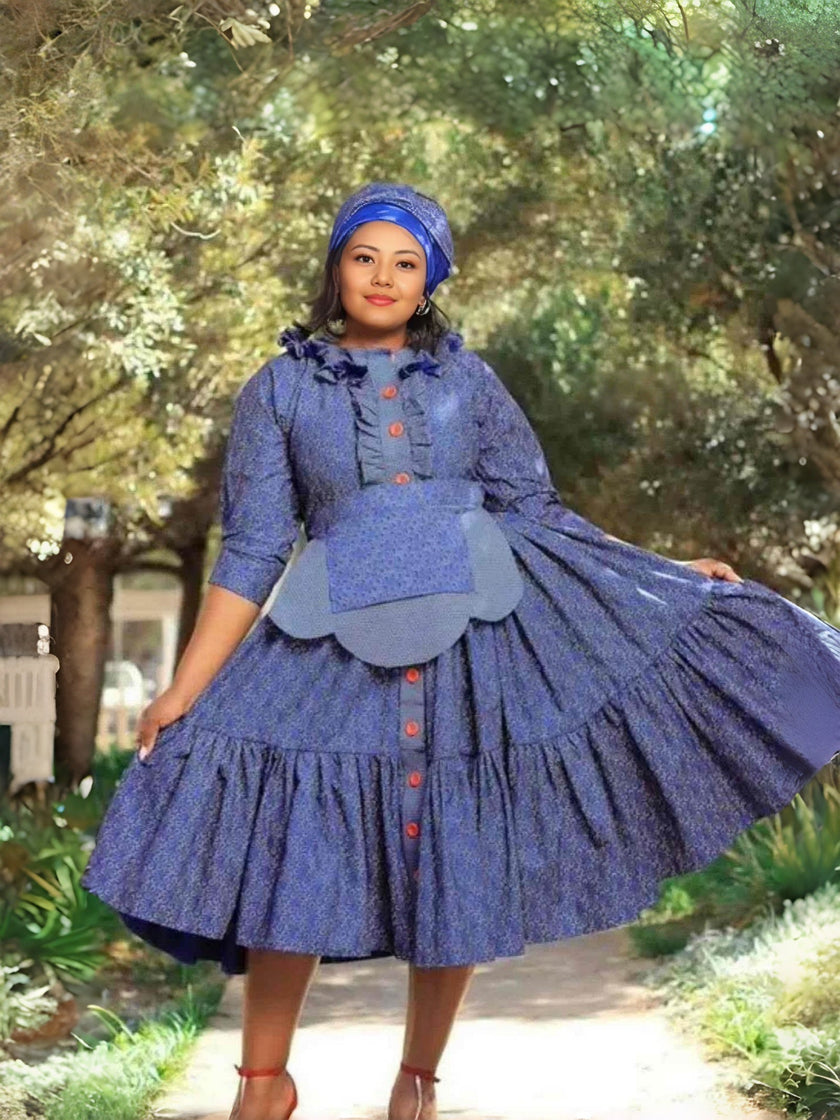 Blue tiered button-front ruffle midi dress with gathered skirt and bow-like puff sleeves