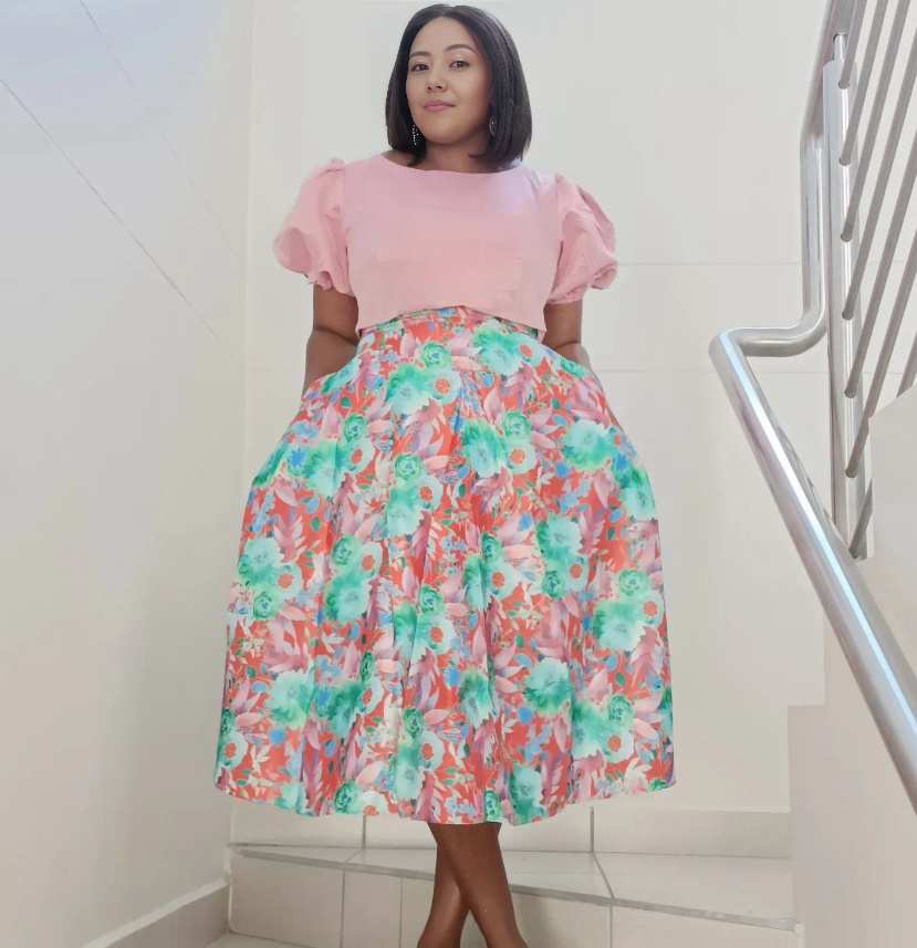 Floral A-line skirt and pink puff-sleeve top set with gathered waist