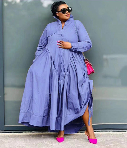 Purple button-front shirt dress with gathered stretch waist, long sleeves