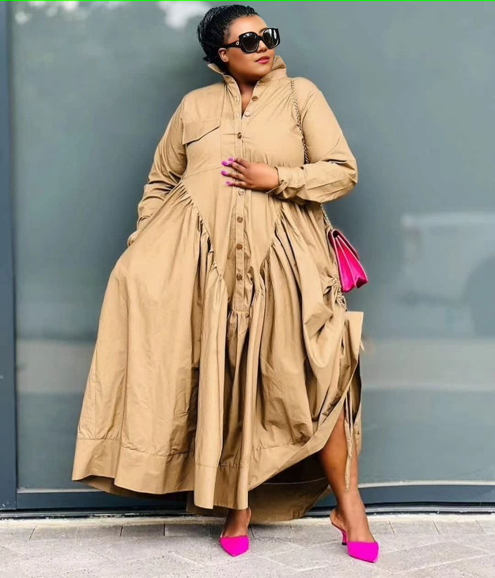 Beige button-front shirt dress with gathered stretch waist, long sleeves