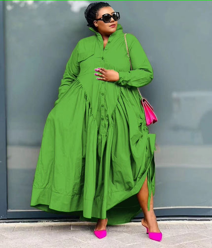 Green button-front shirt dress with gathered stretch waist, long sleeves