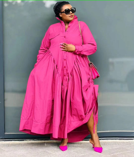 Pink button-front shirt dress with gathered stretch waist, long sleeves