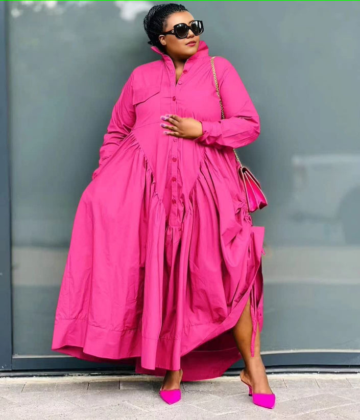 Pink button-front shirt dress with gathered stretch waist, long sleeves