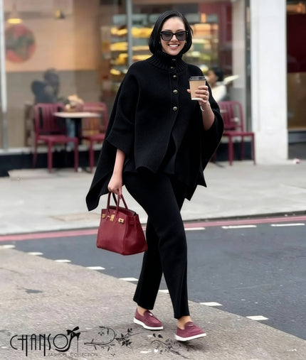 Black knitted twin set cape with high neck, button front and matching pants