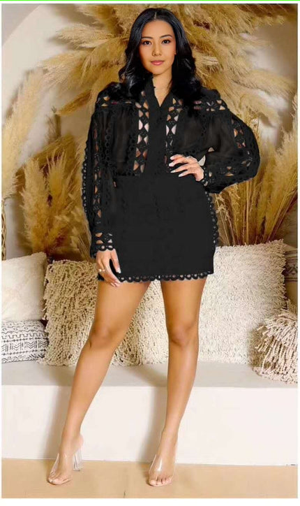 Black hollow-out long-sleeve lace mini dress with scalloped eyelet detail