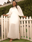 Long-Sleeve Pleated Maxi Dress with Cinched Waist