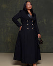 Black satin maxi blazer dress with gold double-row buttons and V-neck lapels