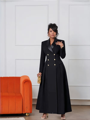 Black satin maxi blazer dress with gold button detail and lapel