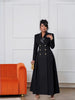 Black satin maxi blazer dress with lapels and gold button detail, long sleeves