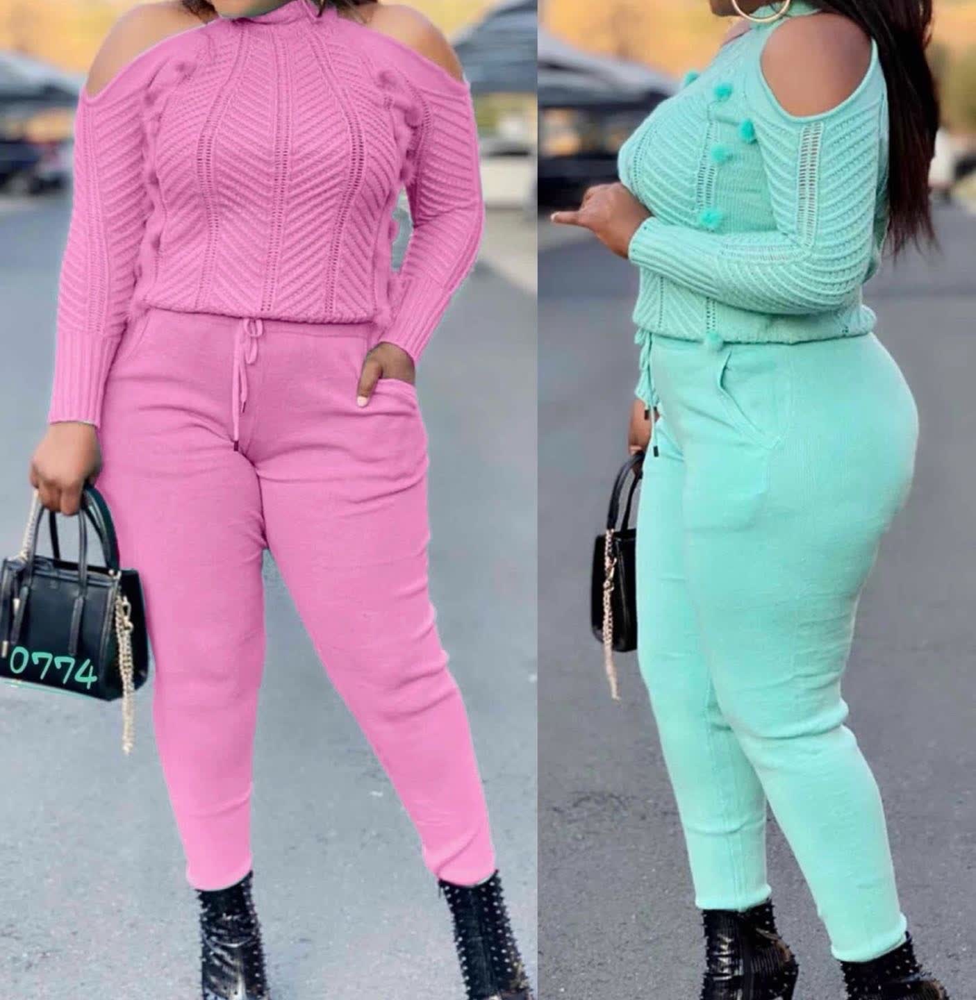 Off-shoulder knit top and high-waist pants in pink and aquamarine, long sleeves