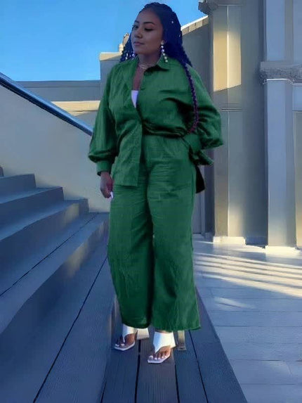 Women’s Casual Loose Long-Sleeve Shirt and Straight-Leg Pants Set