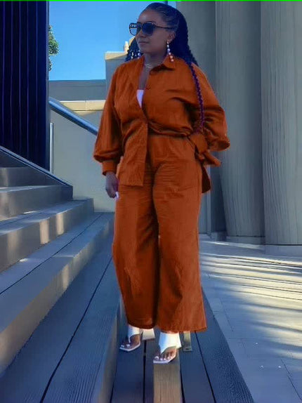 Orange loose shirt and straight pant set with waist tie, long sleeves, front buttons