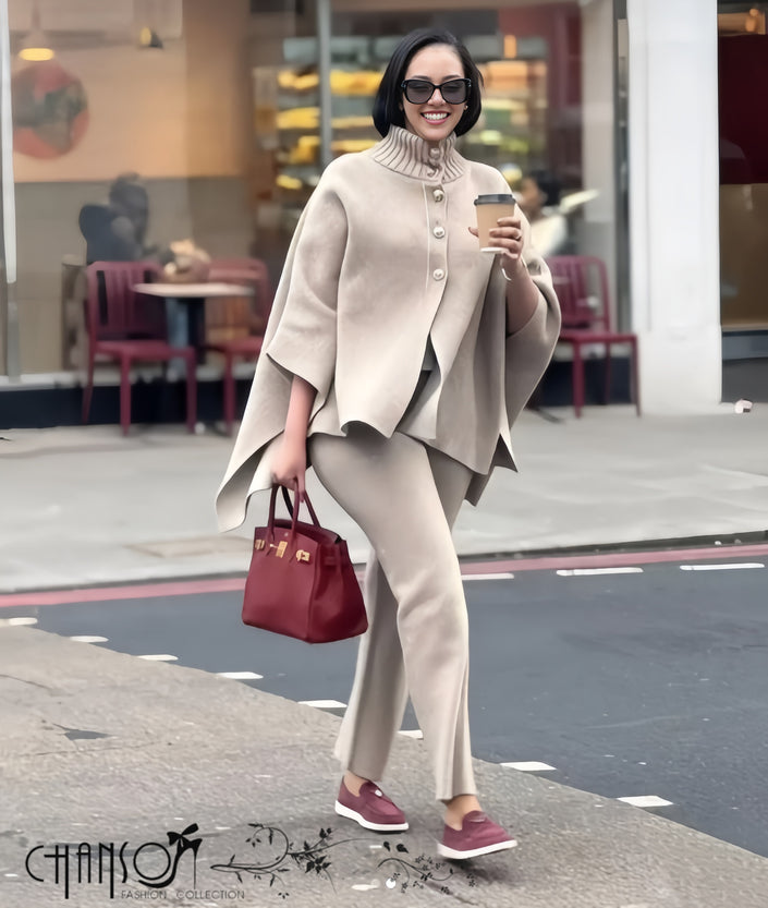 Beige knitted cape-style high-neck top with button front and matching pants set
