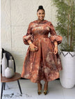 Bronze printed puff sleeve midi flare plus size dress - view 3